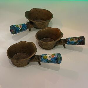 VTG Antique Brass Chinese Silk Iron Coal Pan Hand Painted Enamel Handle Set of 3